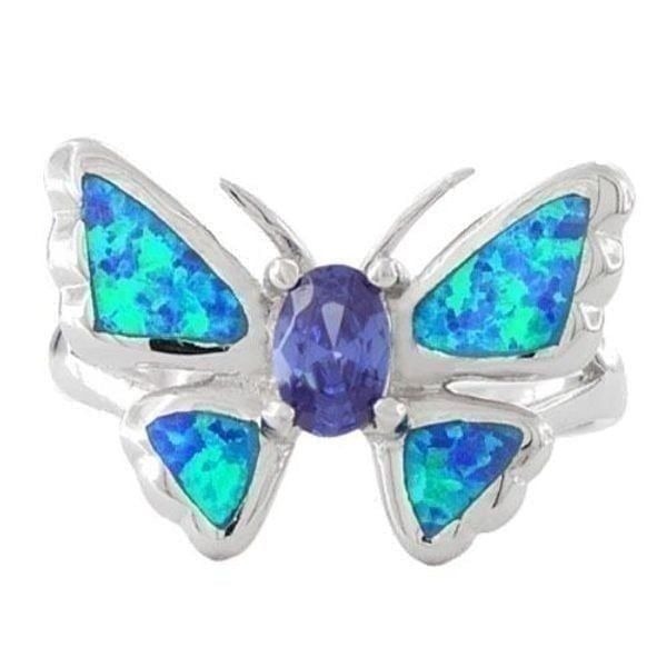 Sterling Silver Lab Opal Butterfly Tanzanite CZ Ring Size 6