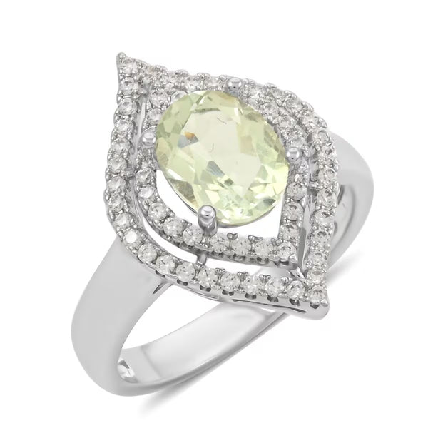 Simulated Prasiolite and Simulated Diamond 2.90 ctw Silver Ring Size 10 New