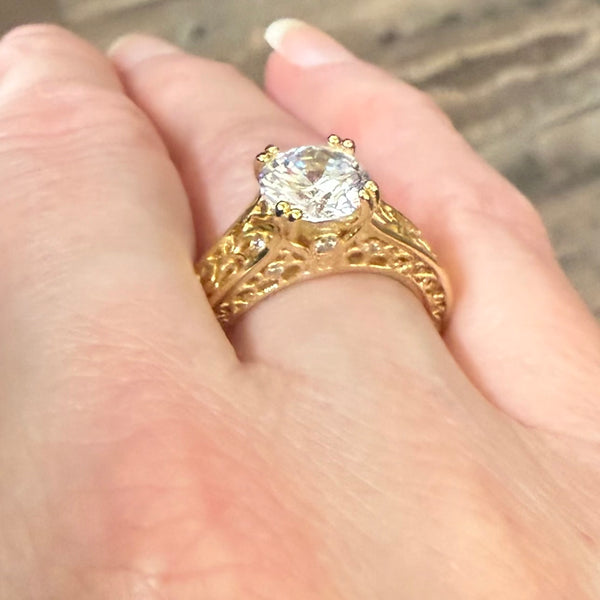 Gold Vermeil Vine Filigree Round Cut Clear CZ Solitaire Engagement Ring Size 6
