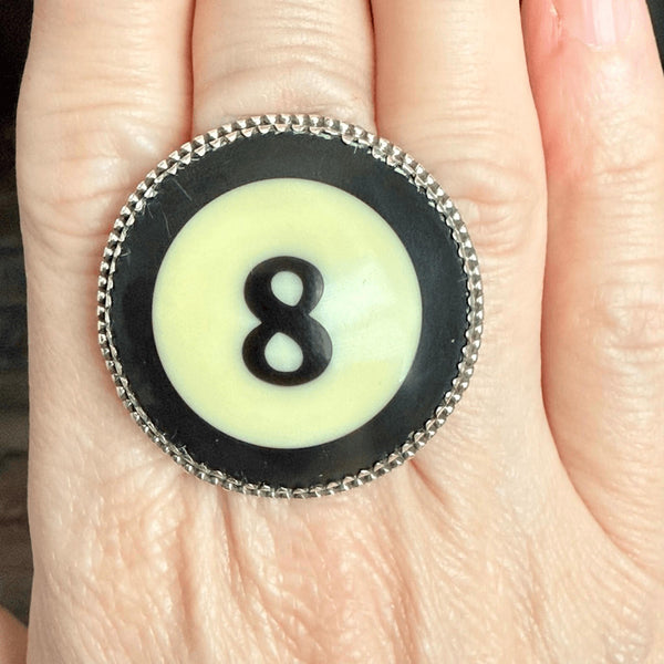 Unique Billiard Ball # 8 Statement Ring Silver Adjustable