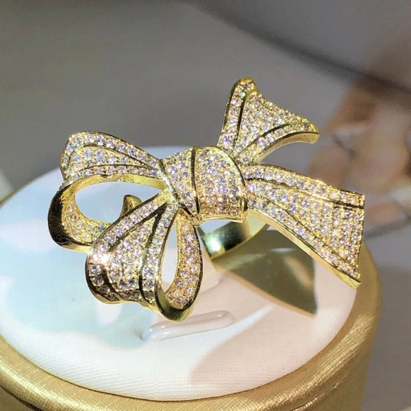 Rhinestone Bow Ring Womens Gold Plated Sterling Silver Statement Jewelry