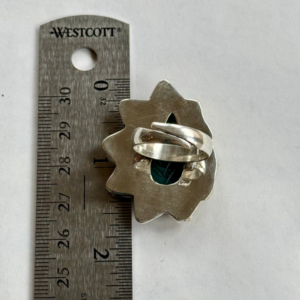 Carved Green Onyx Gemstone Sterling Silver Jewelry Adjustable Statement Ring