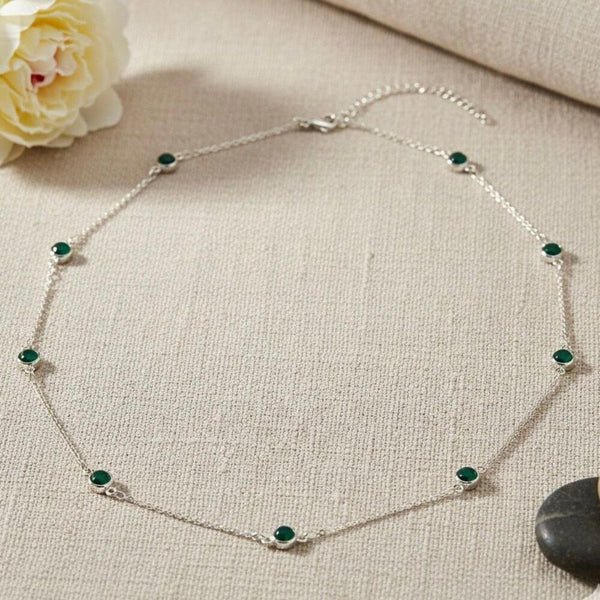 Dainty Green Glass Bead Station Necklace - Adjustable Length - Minimalist Style