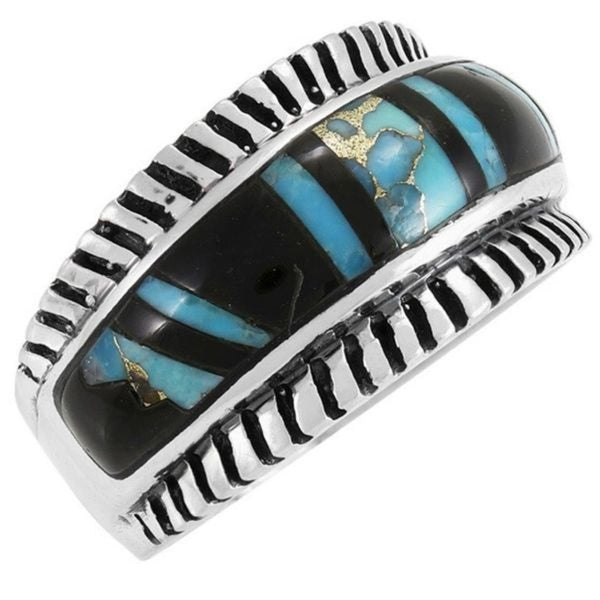 Southwestern Sterling Silver Turquoise & Black Onyx Inlay Band Ring Size 9 New
