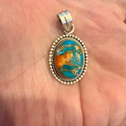 Spiny Oyster Turquoise Necklace Pendant Southwest Sterling Silver Beaded Framed
