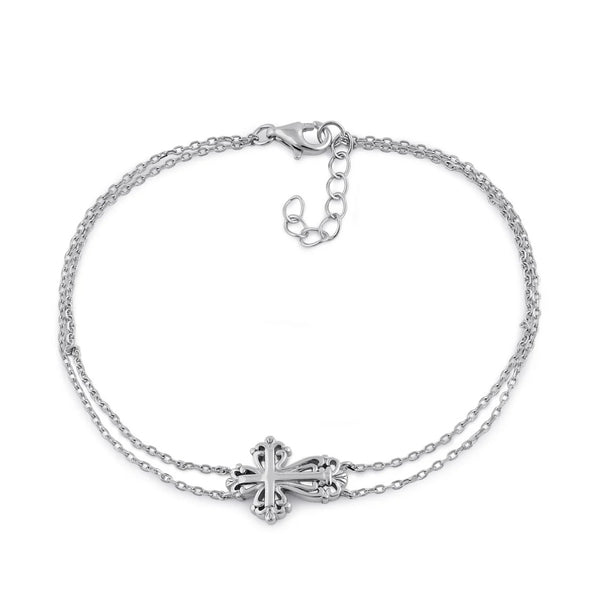 Sterling Silver Vintage Floral Cross Double Chain Bracelet New