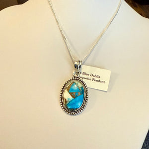 Southwestern Ice Blue Dahlia Turquoise Oval  Pendant Necklace Sterling Silver