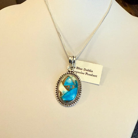 Southwestern Ice Blue Dahlia Turquoise Oval  Pendant Necklace Sterling Silver