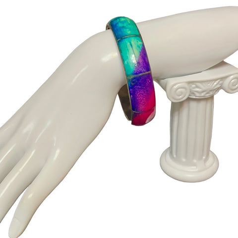 Vintage 70’s Style Vibe Chunky Brass Bangle Womens Casual Rainbow Boho Bracelet