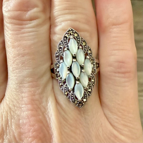 Sterling Silver Mother of Pearl Marquise Marcasite Ring Size 6 New