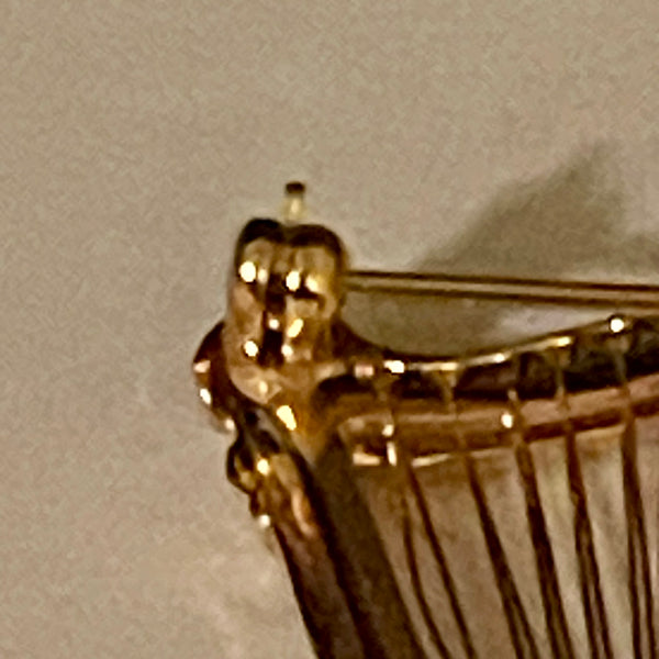 Gold Rhinestone Crystal Harp Brooch Womens Vintage Jacket Scarf Monet Pin
