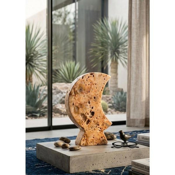 Vintage Natural Travertine Moon Sculpture Hand Carved Stone Crescent Modern Deco