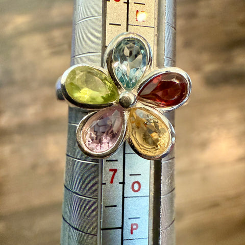 Multi Gemstone Tear Drop Cut Flower Ring Rainbow 925 Sterling Silver Size 6 New