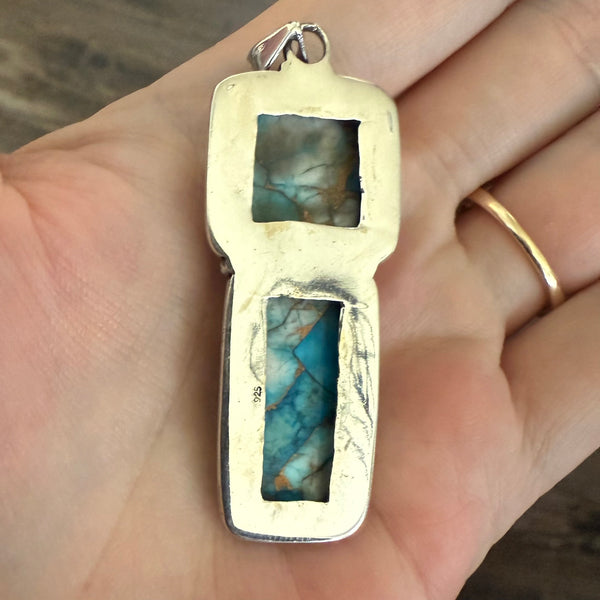 Southwestern Ice Blue Dahlia Turquoise Double  Necklace Pendant Sterling Silver