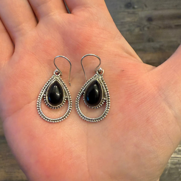 Southwestern Oval Framed Genuine Black Onyx 925 Sterling Silver Dangle Earrings