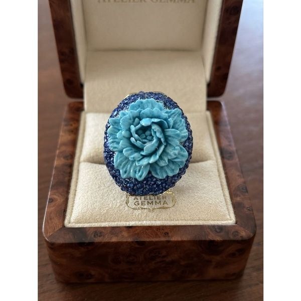Floral Statement Ring Artisan Blue Carved Flower Cocktail Ring with Pave Crystal