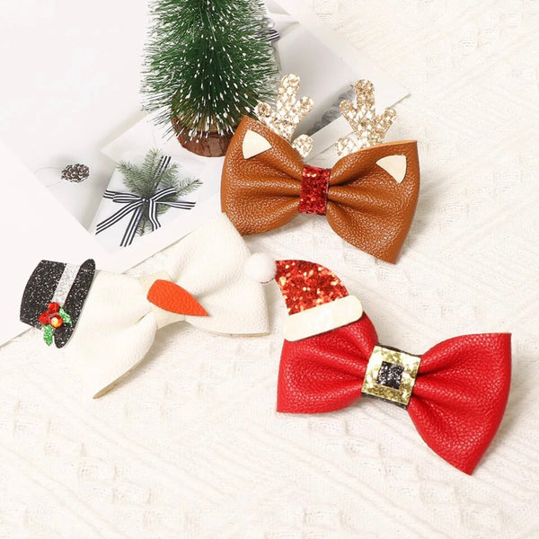 Christmas Leather Bowknot Hair Clips Girls Accessories New