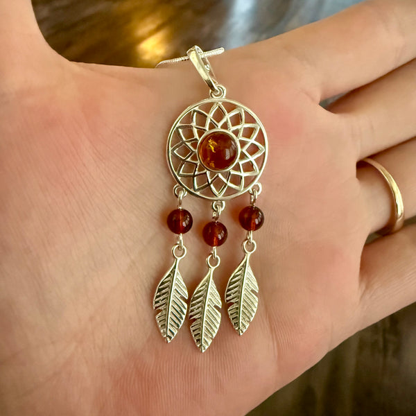 Baltic Amber Dreamcatcher Sterling Silver Pendant Necklace Southwestern Boho