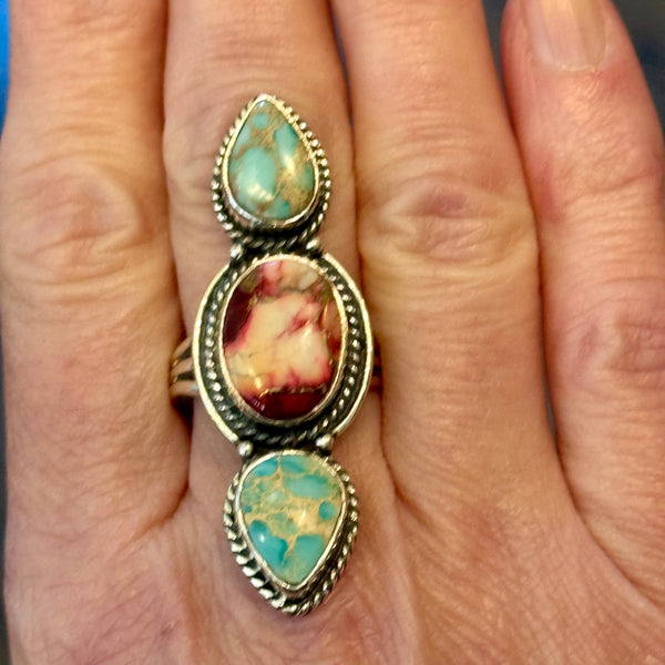 Southwestern Rose Dahlia Turquoise Sea Sediment Jasper Teardrop Statement Ring