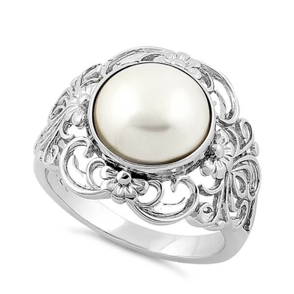 Vintage Style Pearl Statement Ring Sterling Silver Floral Filigree Cocktail Ring