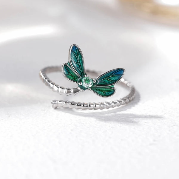 Sterling Silver Dragonfly Opening Ring Adjustable Ring Pave Setting CZ New