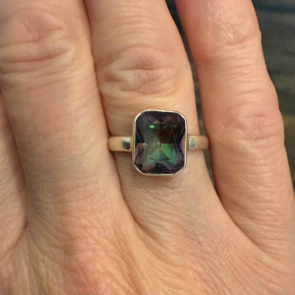 Genuine 2.5ct Mystic Rainbow Topaz Emerald Cut 925 Sterling Silver Ring Size 6 New