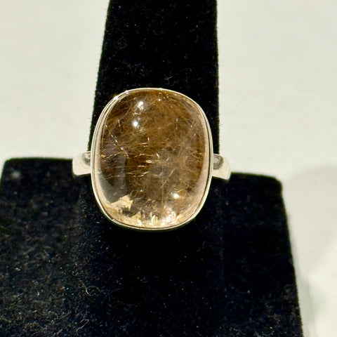 Genuine Golden Rutilated Quartz Statement Ring 925 Sterling Silver Oval Cut