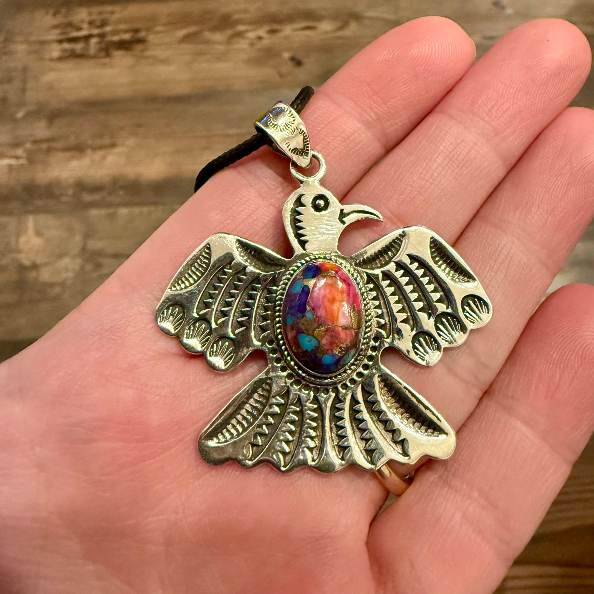 Pink Dahlia Turquoise Thunderbird Necklace Southwestern Pendant Sterling Silver