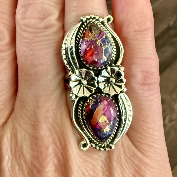 Pink Dahlia Copper Turquoise Statement Ring Southwestern Double Stone Floral New