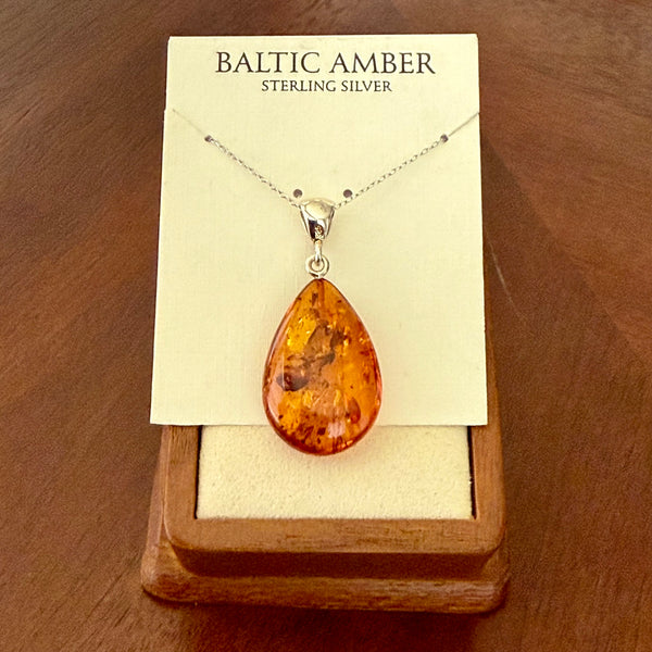 Natural Cognac Baltic Amber Teardrop Pendant Necklace Sterling Silver New