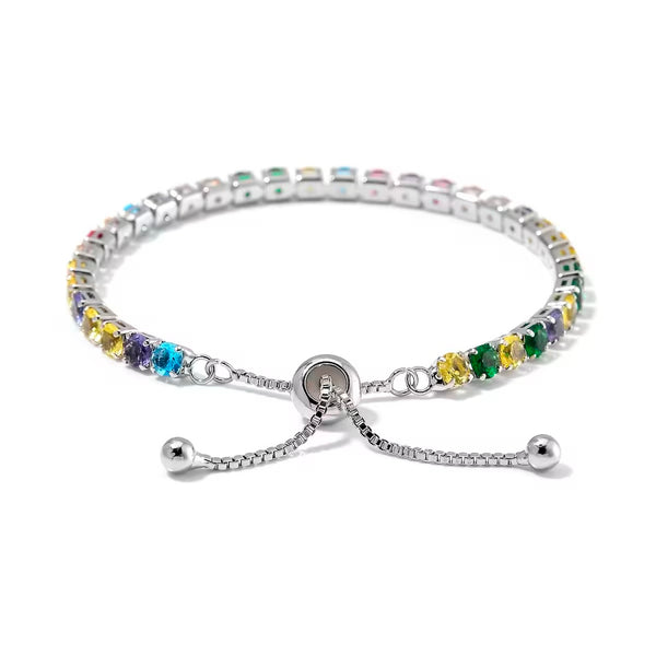 Simulated Multi Color Diamond Tennis Bracelet with Bolo Slider in Silvertone 6-9Inches