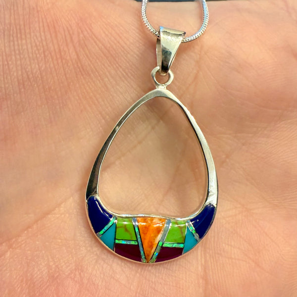 Native American Turquoise Multi Stone Inlaid Sterling Silver Pendant Necklace