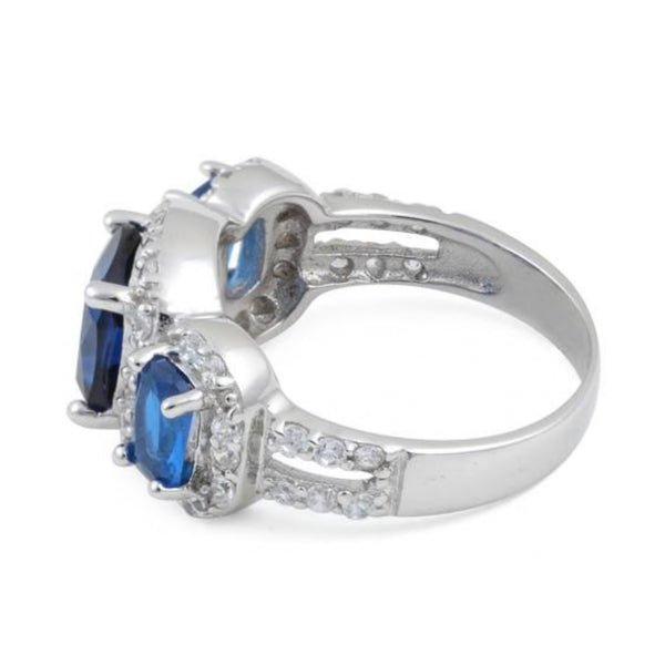 Stunning Sterling Silver Blue Sapphire Three Stone Halo CZ Ring Size 6 New