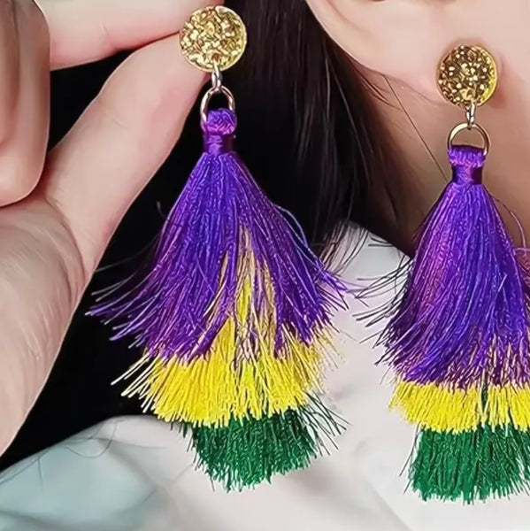 Mardi Gras Colorful Tassel Casual Party Earrings Vibrant Purple Green Yellow New