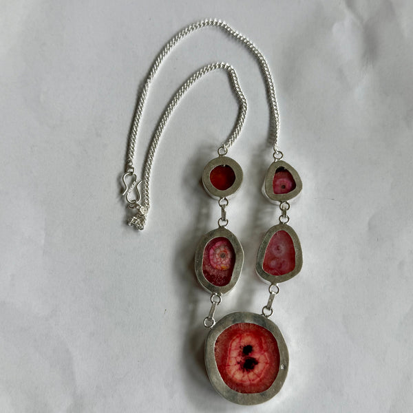 Vibrant Pink Druzy Solar Agate Quartz Gemstone Silver Boho Necklace New