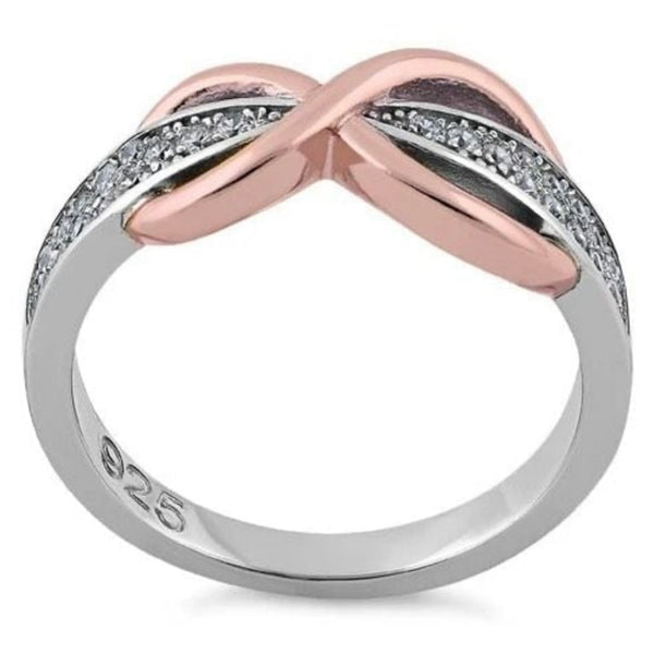 Sterling Silver Two-Tone Rose Gold Infinity Pave CZ Ring Womens Jewelry Size 6