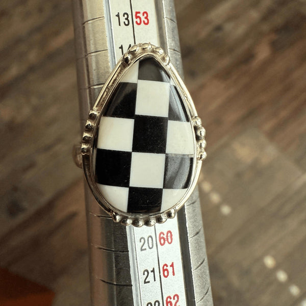 Trendy Southwest Onyx Checkerboard Sterling Silver Ring 8
