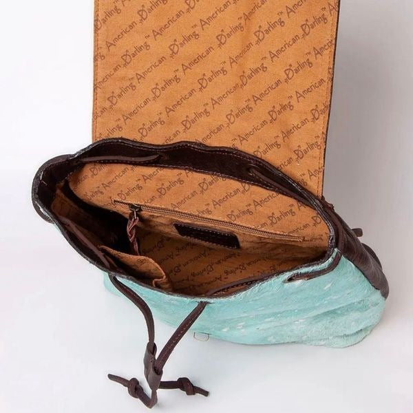 Western Tooled Leather Turquoise Cowhide Hair On Backpack Bag