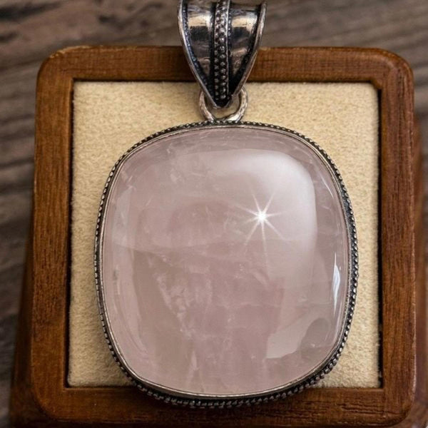 Natural Rose Quartz Pendant Necklace Silver Filigree Setting Gemstone Jewelry