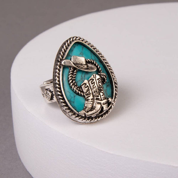 Western Hat & Boot Turquoise Teardrop Stretch Ring