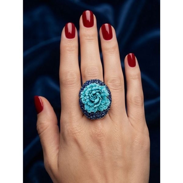 Floral Statement Ring Artisan Blue Carved Flower Cocktail Ring with Pave Crystal
