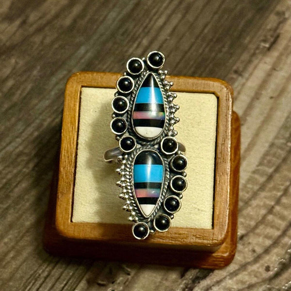 Southwestern Aurora Opal & Onyx Sterling Silver Adj Ring