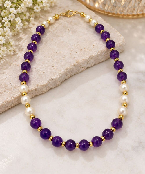 7-8mm Amethyst Pearl Beaded Artisan Necklace 18” Natural Gemstone Jewelry