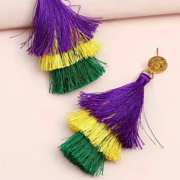 Mardi Gras Colorful Tassel Casual Party Earrings Vibrant Purple Green Yellow New