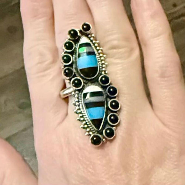 Southwestern Aurora Opal & Onyx Sterling Silver Adj Ring