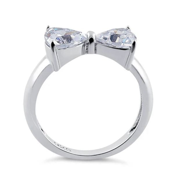 Sterling Silver Bow Heart Ring Clear CZ Stones Sparkling Double Heart Design