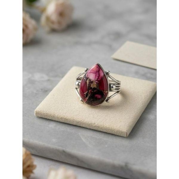 Southwestern Teardrop Red Rose Dahlia Turquoise Statement Ring Silver Size 6