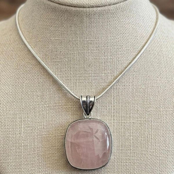 Natural Rose Quartz Pendant Necklace Silver Filigree Setting Gemstone Jewelry