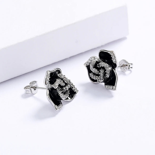 Sterling Silver Black Flower Enamel Drip Rhinestone Earrings Womens New