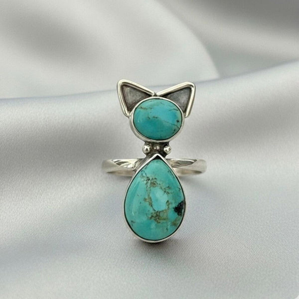 Southwest Kingman Turquoise Cat Ring Artisan Handmade Sterling Silver Adjustable